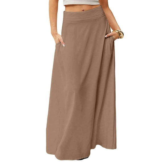WTOBBY Women's Solid Color Flowy Maxi Skirt Bohemian Style Casual Summer Beach Long Skirt Elastic Waist Lightweight Tiered Pleated Skirt with Drawstring Waist,Light Brown M
