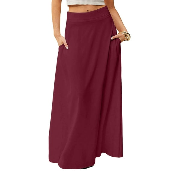 WTOBBY Women's Solid Color Flowy Maxi Skirt Bohemian Style Casual Summer Beach Long Skirt Elastic Waist Lightweight Tiered Pleated Skirt with Drawstring Waist,Wine S