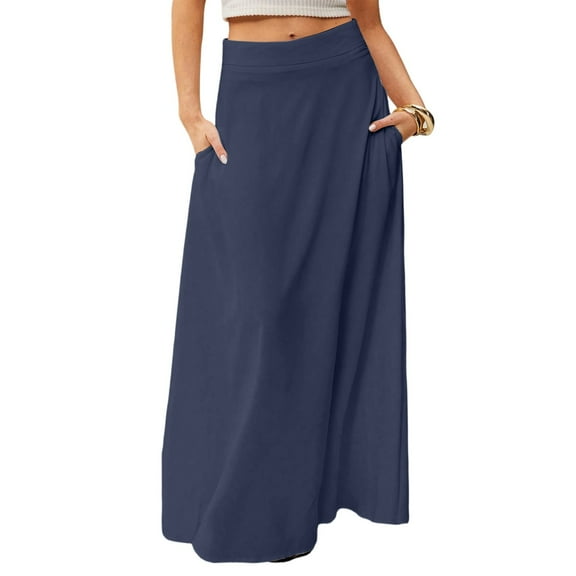WTOBBY Women's Solid Color Flowy Maxi Skirt Bohemian Style Casual Summer Beach Long Skirt Elastic Waist Lightweight Tiered Pleated Skirt with Drawstring Waist,Navy S