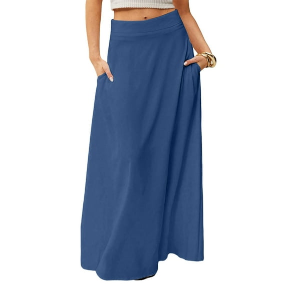WTOBBY Women's Solid Color Flowy Maxi Skirt Bohemian Style Casual Summer Beach Long Skirt Elastic Waist Lightweight Tiered Pleated Skirt with Drawstring Waist,Blue 2XL