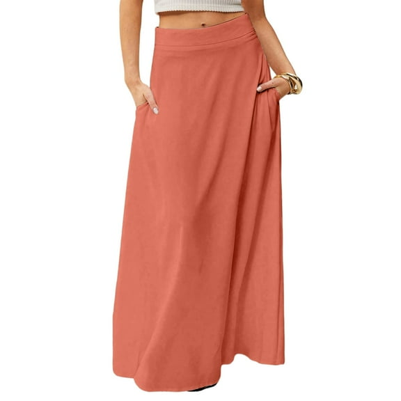 WTOBBY Women's Solid Color Flowy Maxi Skirt Bohemian Style Casual Summer Beach Long Skirt Elastic Waist Lightweight Tiered Pleated Skirt with Drawstring Waist,Orange XL