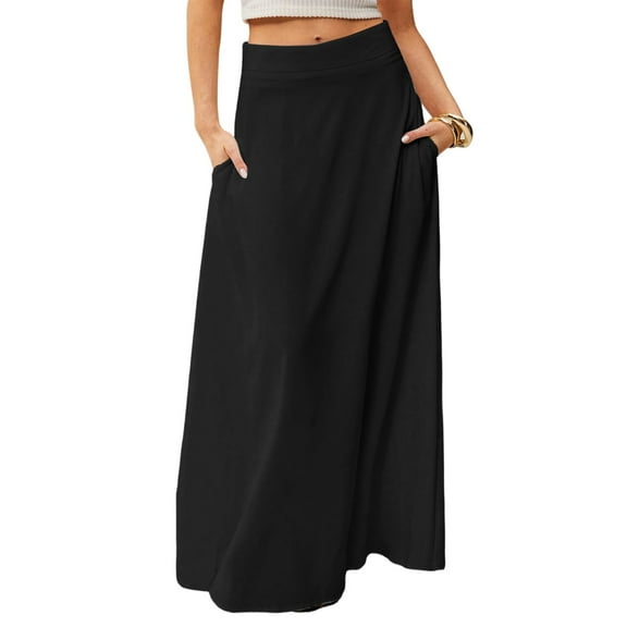 WTOBBY Women's Solid Color Flowy Maxi Skirt Bohemian Style Casual Summer Beach Long Skirt Elastic Waist Lightweight Tiered Pleated Skirt with Drawstring Waist,Black L