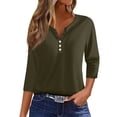 thumbnail image 1 of WTOBBY Women's Solid Color Henley Style Top Ribbed Knit 3/4 Sleeve Tunic Button Detail V-Neck T-Shirt Essential Casual Wardrobe Piece,Army Green L, 1 of 5