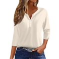 thumbnail image 1 of WTOBBY Women's Solid Color Henley Style Top Ribbed Knit 3/4 Sleeve Tunic Button Detail V-Neck T-Shirt Essential Casual Wardrobe Piece,Beige L, 1 of 5