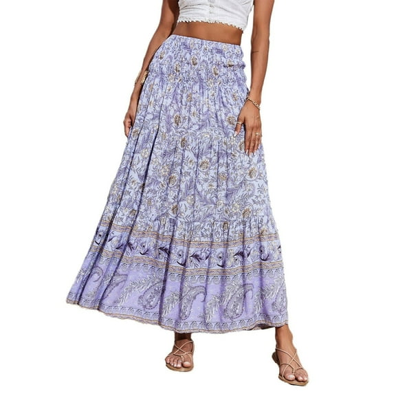 WTOBBY Women's Solid Color High Waist A-Line Skirt Tiered Ruffle Hem Boho Trumpet Skirt Casual Beach Flowy Long Skirt with Folded Waist Detail,Light Purple M
