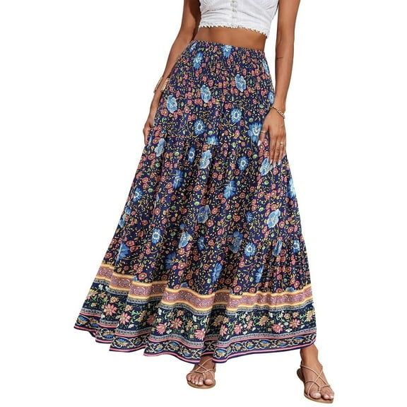 WTOBBY Women's Solid Color High Waist A-Line Skirt Tiered Ruffle Hem Boho Trumpet Skirt Casual Beach Flowy Long Skirt with Folded Waist Detail,Navy S