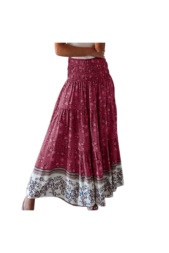 Women's Solid Color High Waist A-Line Skirt Tiered Ruffle Hem Boho Trumpet Skirt Casual Beach Flowy Long Skirt with Folded Waist Detail,Red S