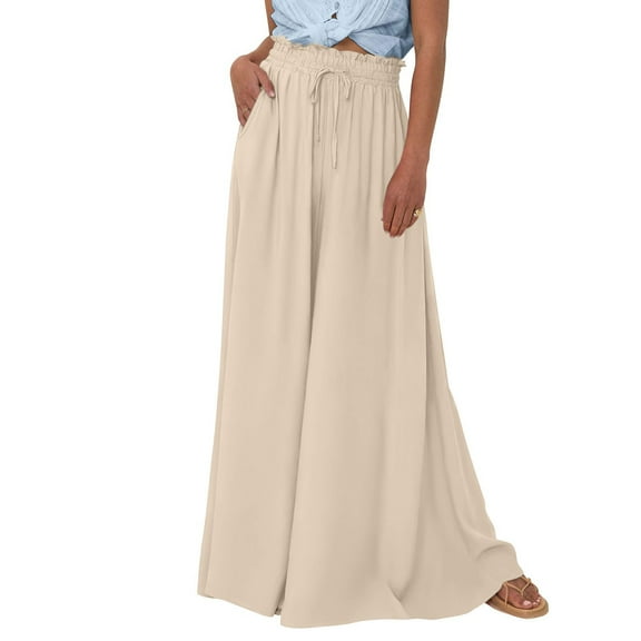 WTOBBY Women's Solid Color High Waist Wide Leg Palazzo Pants Casual Flowy with Pocket,Beach Trousers Designed for Simple Elegance, Clean Aesthetics and Sophisticated Casual Wear,Khaki 2XL
