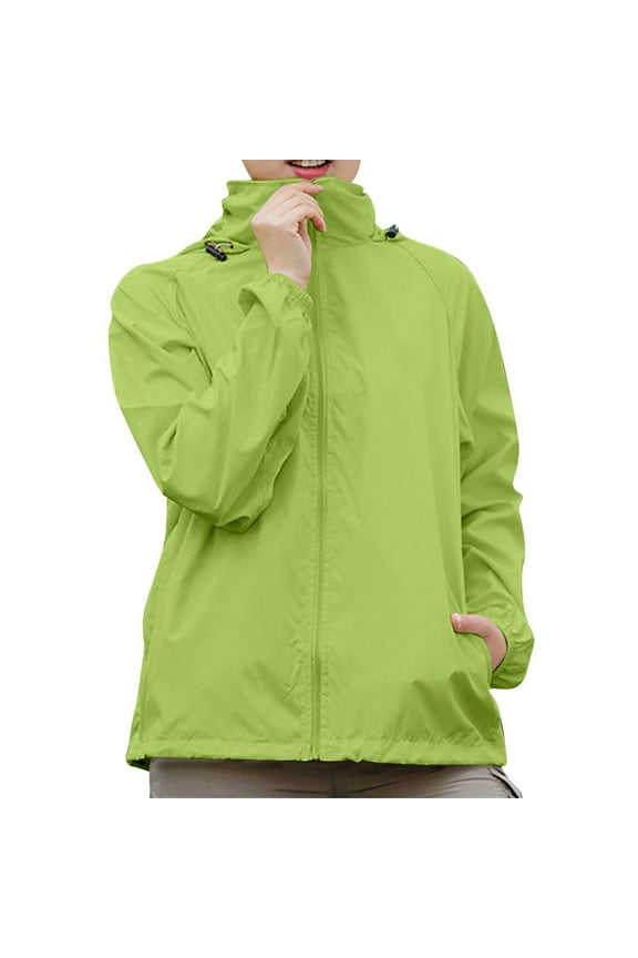 Women's Solid Color Hooded Windbreaker Jacket - UPF 50+ Sun Protective Long Sleeve Coat for Outdoor Sports, Daily Wear and Travel ,Fluorescent Green L