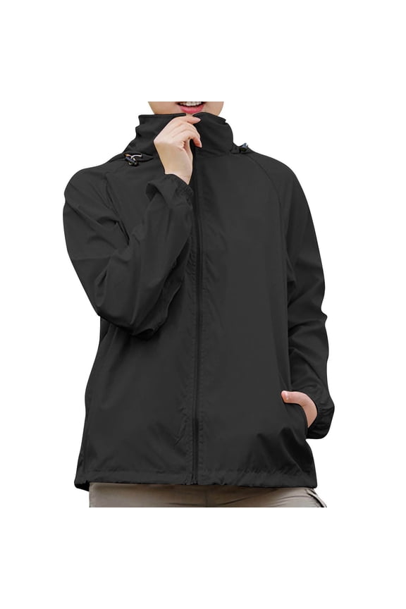 Women's Solid Color Hooded Windbreaker Jacket - UPF 50+ Sun Protective Long Sleeve Coat for Outdoor Sports, Daily Wear and Travel ,Black L