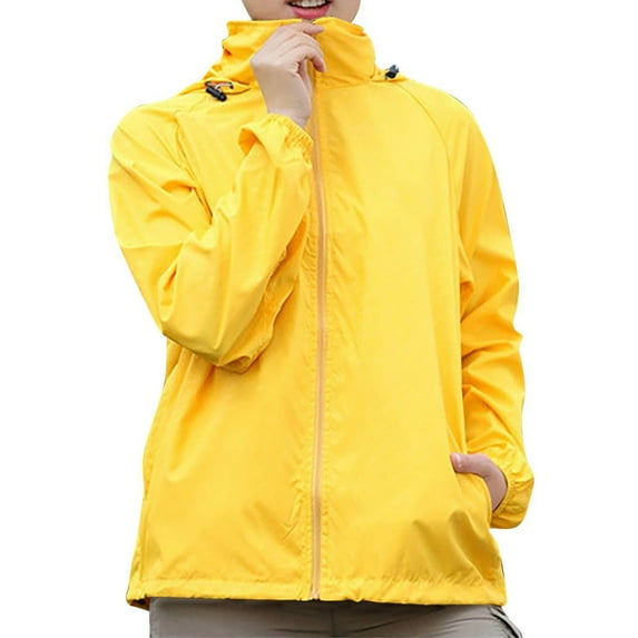 WTOBBY Women's Solid Color Hooded Windbreaker Jacket - UPF 50+ Sun Protective Long Sleeve Coat for Outdoor Sports, Daily Wear and Travel ,Yellow S