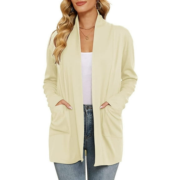 WTOBBY Women's Solid Color Long Sleeve Cardigan Sweater Coat Top Casual Open Front Cover Up With Pockets Lightweight Knit Spring Fall,Beige XL
