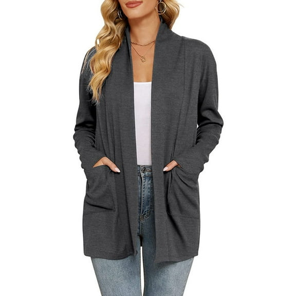 WTOBBY Women's Solid Color Long Sleeve Cardigan Sweater Coat Top Casual Open Front Cover Up With Pockets Lightweight Knit Spring Fall,Dark Gray L