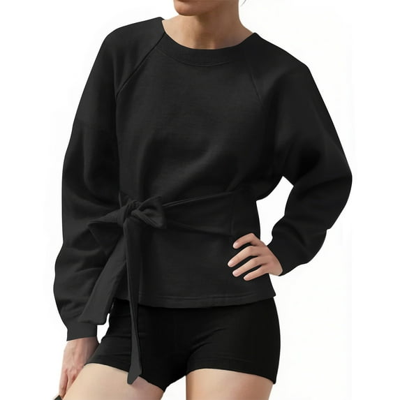 WTOBBY Women's Solid Color Long Sleeve Casual Round Neck Bow Belt Blouse, Elegant Pullover T-Shirt with Tie Detail, Relaxed Fit Top for Daily Wear,Black S