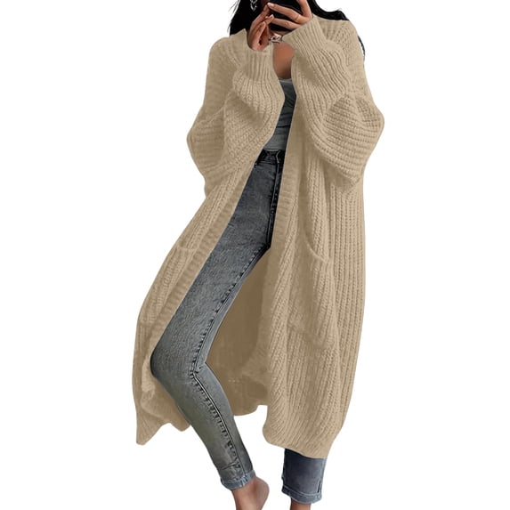 WTOBBY Women's Solid Color Long Sleeve Knitted Cardigan, Knee Length Lazy Trend Jacket, Medium Long Hair Style,Complexion XL