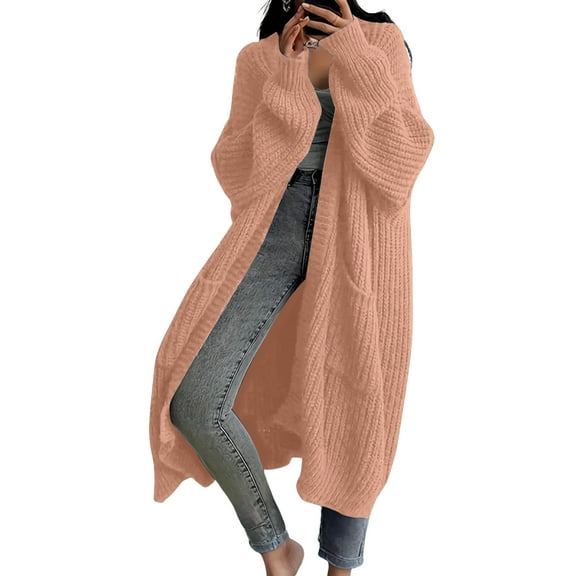 WTOBBY Women's Solid Color Long Sleeve Knitted Cardigan, Knee Length Lazy Trend Jacket, Medium Long Hair Style,Pink M