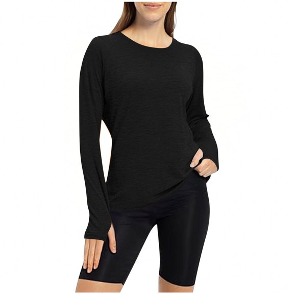 WTOBBY Women's Solid Color Long Sleeve Sports Top, Fitness Slim Fit Shirt with Finger Cots, Athletic Wear for Active Lifestyle, Breathable Workout Tee,Black 2XL