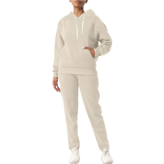 WTOBBY Women's Solid Color Long Sleeve Top and Athletic Pants Sportswear Two Piece Set, Casual Comfortable Lounge Outfit for Gym and Home,Beige L