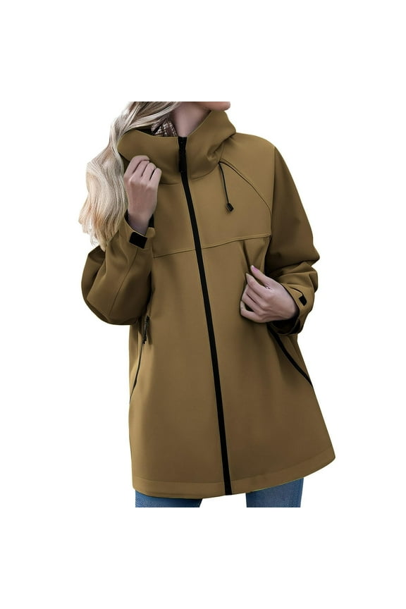Women's Solid Color Long Sleeved Hooded Windproof Waterproof Thin Jacket for Outdoor Suit, Lightweight and Fashionable for Daily Adventures,Coffee XL