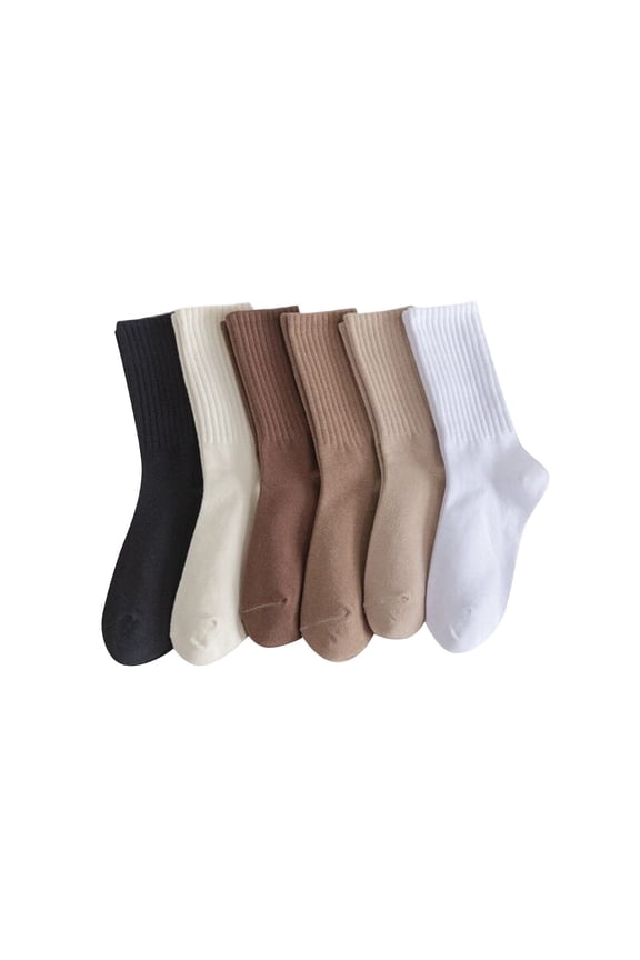 Women's Solid Color Mid-Calf Stackable Socks (6 Pairs Pack), Cute Knit Crew Socks for Students, Casual Pile Socks with Comfort Stretch Fit, Everyday Wear,white