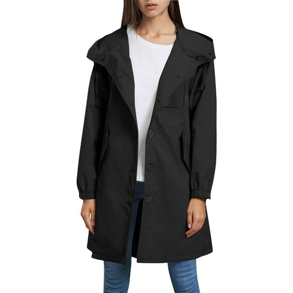 WTOBBY Women's Solid Color Mid-Length Hooded Rain Jacket for Outdoor Sports, Waterproof Windproof Design for Active Lifestyle,Black L
