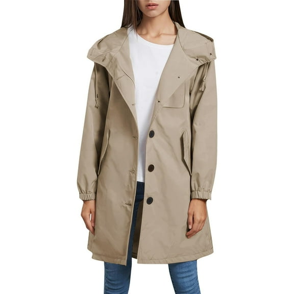 WTOBBY Women's Solid Color Mid-Length Hooded Rain Jacket for Outdoor Sports, Waterproof Windproof Design for Active Lifestyle,Khaki XL
