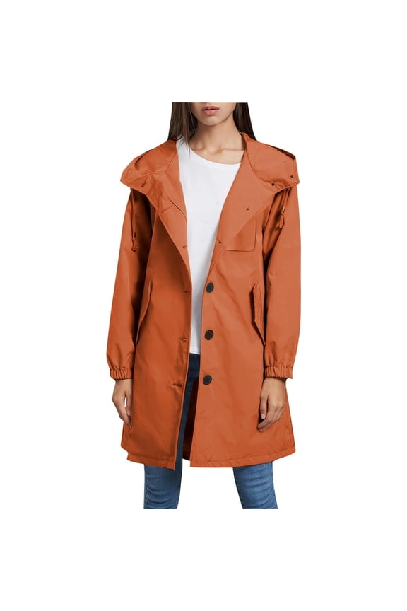 Women's Solid Color Mid-Length Hooded Rain Jacket for Outdoor Sports, Waterproof Windproof Design for Active Lifestyle,Orange S