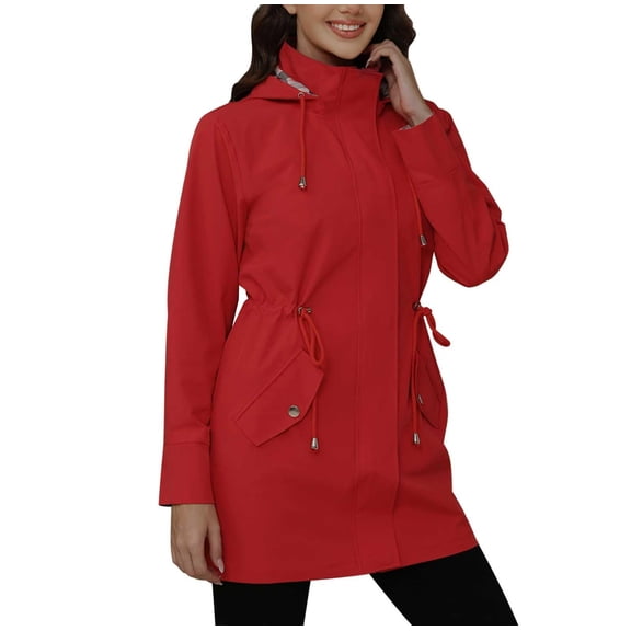 WTOBBY Women's Solid Color Mid-Length Hooded Waterproof Windproof Rain Jacket for Outdoor Sports and Sun Protection, Lightweight and Durable for All Weather,Red S