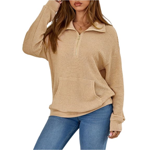 WTOBBY Women's Solid Color Pullover Hoodie, Fashion Long Sleeve Casual Top, Cozy Streetwear Sweatshirt with Ribbed Hem and Cuffs for Comfort Fit,Khaki M