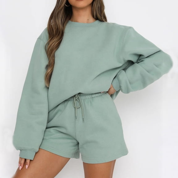 WTOBBY Women's Solid Color Round Neck Sweatshirt and Shorts Two-Piece Set, Comfortable Casual Outfit for Summer, Fashionable Lounge Wear for Home Gym Daily Use,Mint Green M