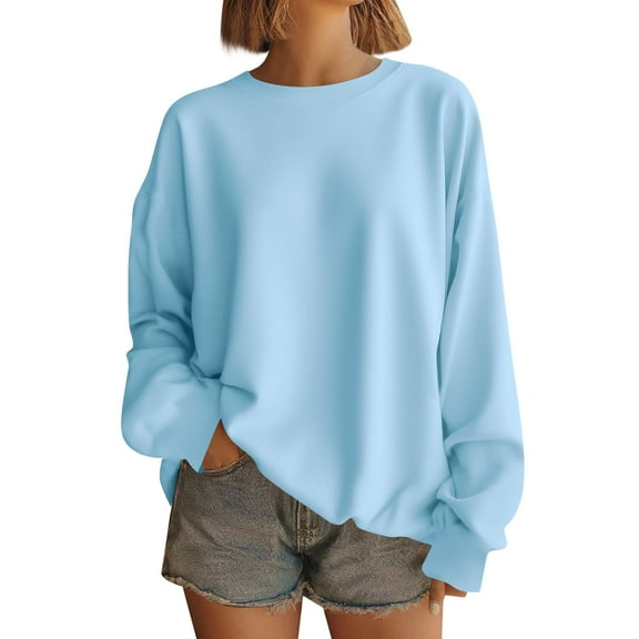 WTOBBY Women's Solid Color Round neck Sweatshirt Long Sleeve Casual Loose Fit Fleece Pullover Top Fall Fashion Wear for Daily Activities,Blue S