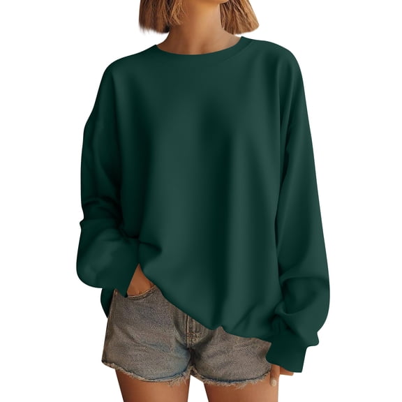 WTOBBY Women's Solid Color Round neck Sweatshirt Long Sleeve Casual Loose Fit Fleece Pullover Top Fall Fashion Wear for Daily Activities,Green S