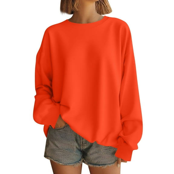 WTOBBY Women's Solid Color Round neck Sweatshirt Long Sleeve Casual Loose Fit Fleece Pullover Top Fall Fashion Wear for Daily Activities,Saffron S