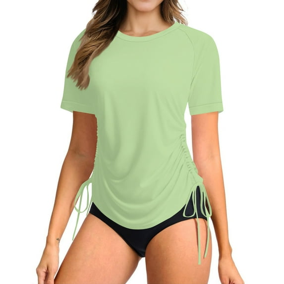 WTOBBY Women's Solid Color Short Sleeve Sun Swimsuit Lightweight Adjustable Lace-Up Swimsuit Cover Up for Pool Beach Wear Sun Protection and Quick Dry Fabric Summer Essential,Light Green M