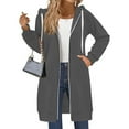 thumbnail image 1 of WTOBBY Women's Solid Color Slim Fit Zipper Round Neck Long Sleeve Loose Hooded Mid Length Coat, Casual Wear with Front Pockets and Comfort Fit,Dark Gray S, 1 of 6