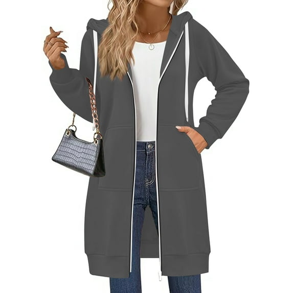 WTOBBY Women's Solid Color Slim Fit Zipper Round Neck Long Sleeve Loose Hooded Mid Length Coat, Casual Wear with Front Pockets and Comfort Fit,Dark Gray S