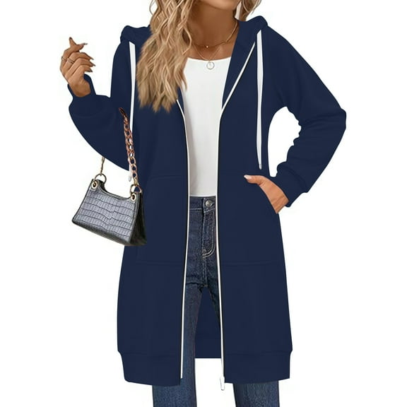 WTOBBY Women's Solid Color Slim Fit Zipper Round Neck Long Sleeve Loose Hooded Mid Length Coat, Casual Wear with Front Pockets and Comfort Fit,Navy S