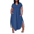 thumbnail image 1 of WTOBBY Women's Solid Color Slit Dress, Elegant Plus Size Short Sleeve V-Neck Casual Office Wear for Special Occasions Business Events and Cocktail Parties,Blue L, 1 of 5