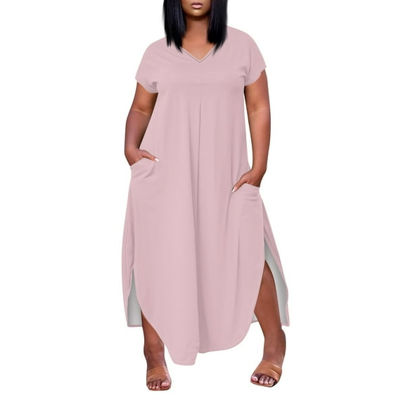 WTOBBY Women's Solid Color Slit Dress, Elegant Plus Size Short Sleeve V-Neck Casual Office Wear for Special Occasions Business Events and Cocktail Parties,Pink XL