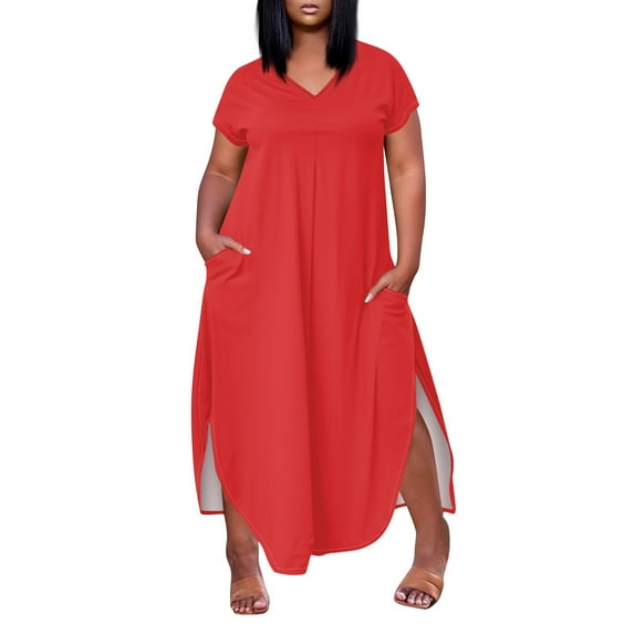 WTOBBY Women's Solid Color Slit Dress, Elegant Plus Size Short Sleeve V-Neck Casual Office Wear for Special Occasions Business Events and Cocktail Parties,Red 5XL
