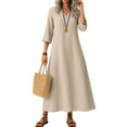 thumbnail image 1 of WTOBBY Women's Solid Color V-Neck 3/4 Sleeve Maxi Dress, Bohemian Style Beach Dress with Pockets for Comfortable Vacation Wear,Beige 2XL, 1 of 5