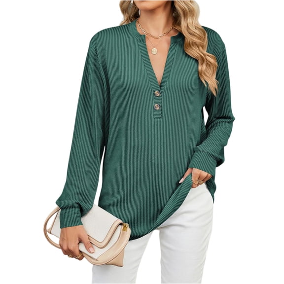 WTOBBY Women's Solid Color V-Neck Button Casual Top, Long Sleeve Loose Fit Blouse, Comfortable Pullover Shirt with Fashionable Design, Fall Wear,Dark Green S