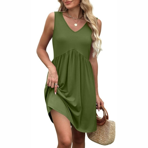 WTOBBY Women's Solid Color V-Neck Casual Beach Vacation Dress Vintage Sleeveless Splicing Dress for Summer Resort Wear and Coastal Getaways,Army GreenL