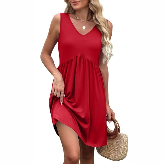 WTOBBY Women's Solid Color V-Neck Casual Beach Vacation Dress Vintage Sleeveless Splicing Dress for Summer Resort Wear and Coastal Getaways,RedS