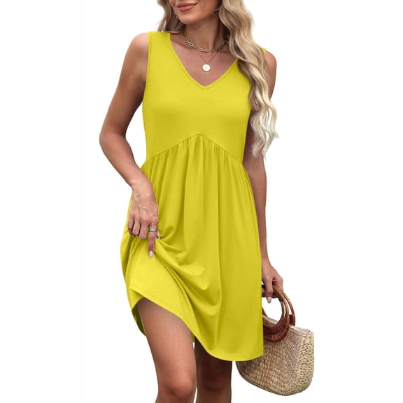 WTOBBY Women's Solid Color V-Neck Casual Beach Vacation Dress Vintage Sleeveless Splicing Dress for Summer Resort Wear and Coastal Getaways,YellowS