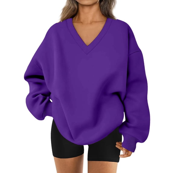 WTOBBY Women's Solid Color V-Neck Sweatshirt, Long Sleeve Casual Pullover, Lightweight Comfort Top with Flattering Neckline and Relaxed Fit Silhouette,Purple 3XL