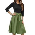 thumbnail image 1 of WTOBBY Women's Solid Color Waistband Round Neck 3/4 Sleeve Dress, Flowy Casual Midi Sundress with Minimalist Elegance for Summer,Army Green L, 1 of 5
