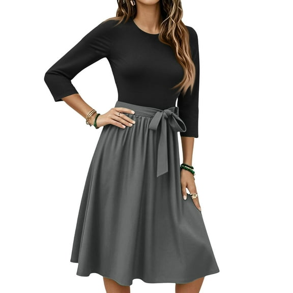 WTOBBY Women's Solid Color Waistband Round Neck 3/4 Sleeve Dress, Flowy Casual Midi Sundress with Minimalist Elegance for Summer,Dark Gray S