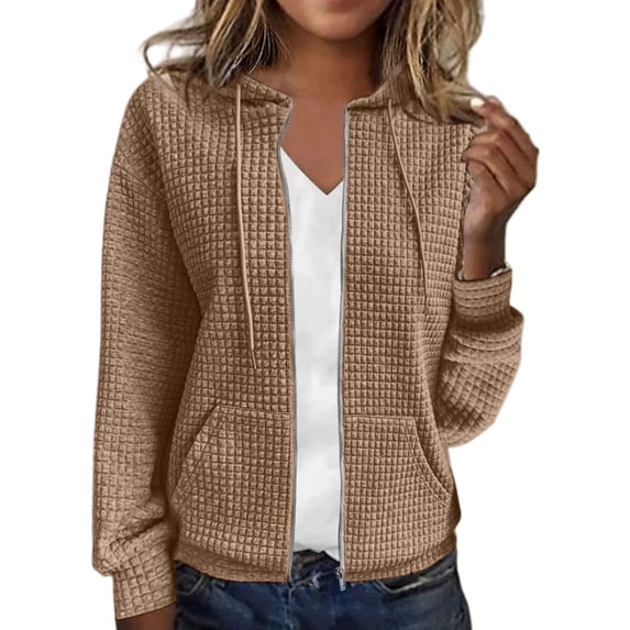 WTOBBY Women's Solid Color Zipper Hooded Cardigan Long Sleeved Sweatshirt Jacket, Casual Streetwear Top with Front Pocket and Comfortable Loose Fit,Khaki L