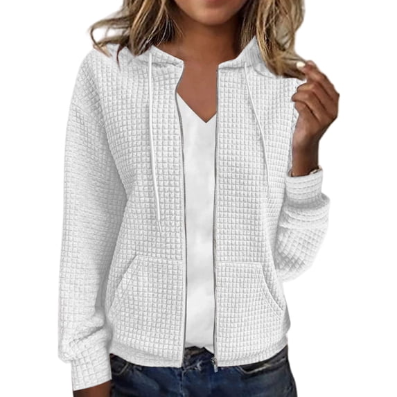 WTOBBY Women's Solid Color Zipper Hooded Cardigan Long Sleeved Sweatshirt Jacket, Casual Streetwear Top with Front Pocket and Comfortable Loose Fit,White M